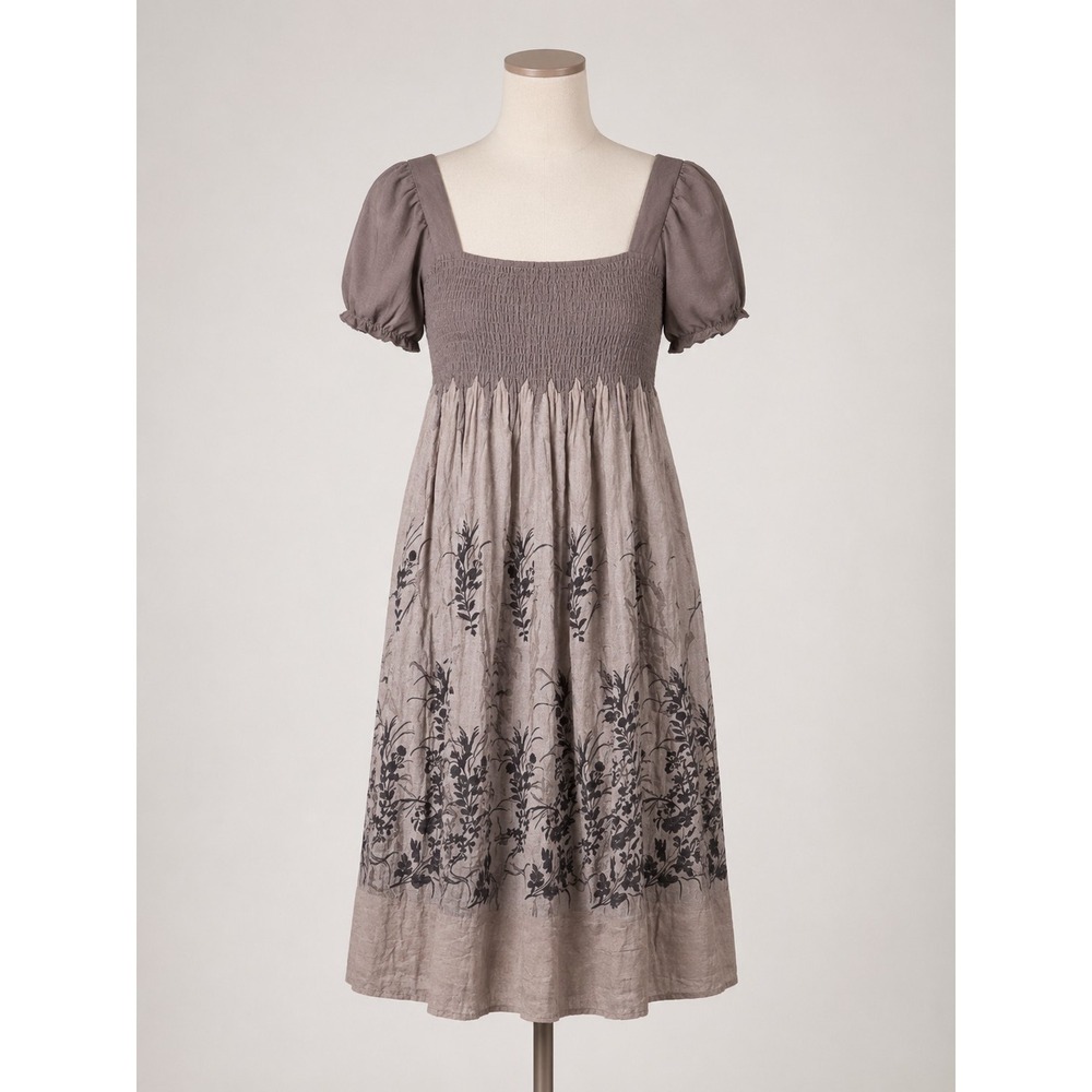 Lapis Boho Smocked Empire Waist Dress One Size Taupe Shimmer Metallic Floral...